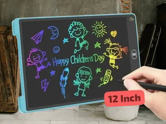 12-inch electronic drawing board with colorful children's drawings and 'Happy Children's Day' text.