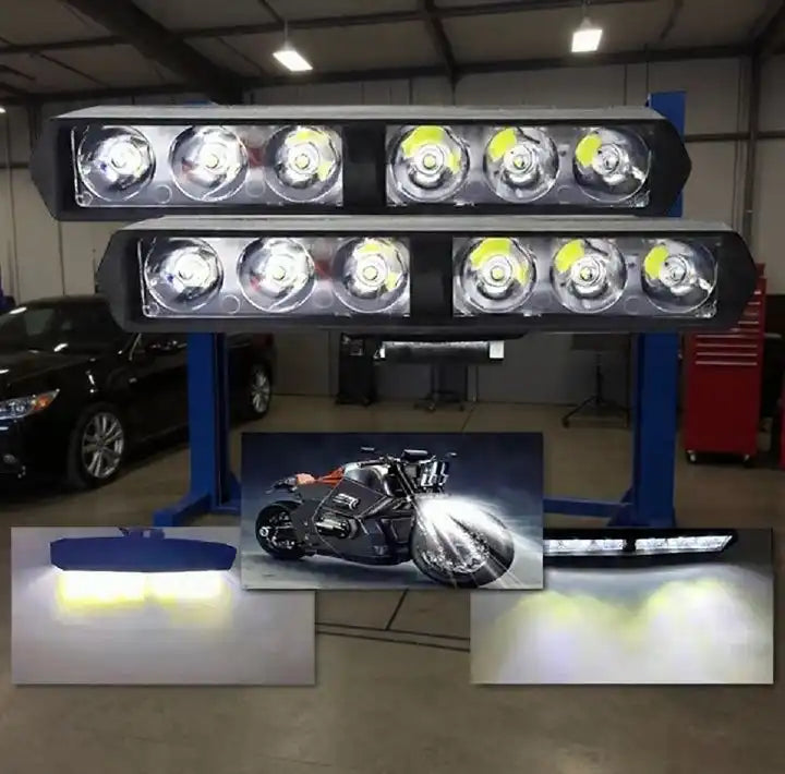 Two large LED light bars on a stand with a motorcycle inset in a garage setting. Online Sale In Pakistan