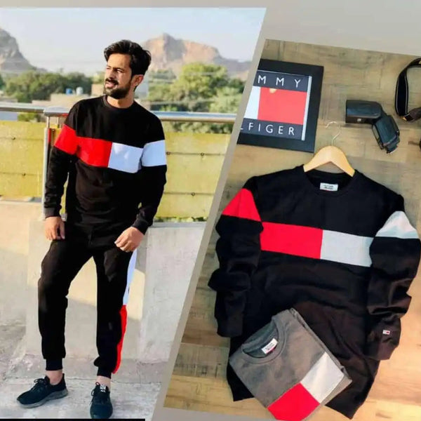 Person wearing a black sweater with red and blue stripes outdoors, next to a close-up of the same sweater on a wooden surface. Online Sale In Pakistan