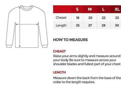 Measurement chart for shirts with size guide and instructions on how to measure chest and length.