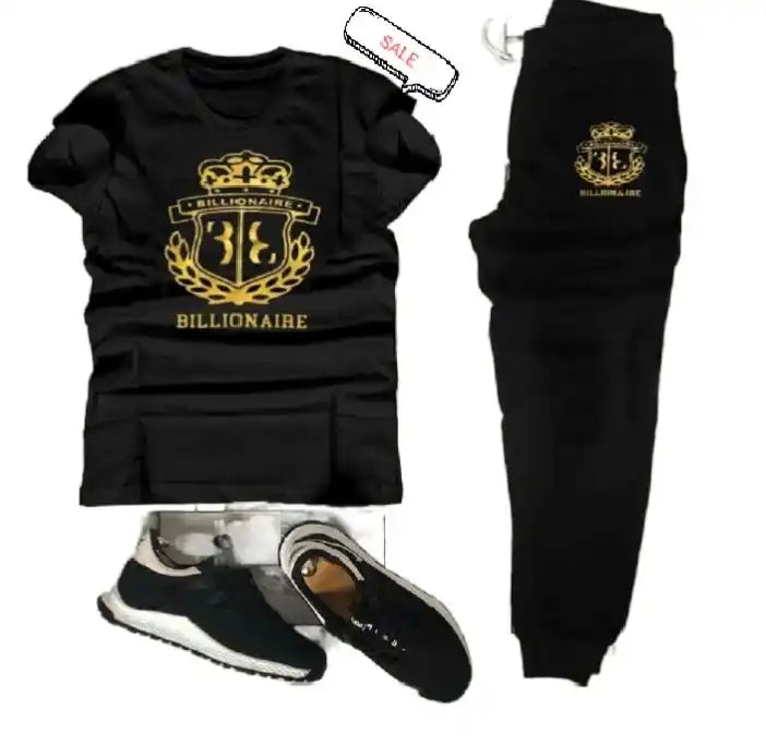 Black outfit with gold 'Billionaire' logo, including a shirt, pants, and shoes, on a white background.