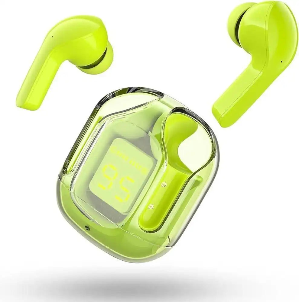 Green wireless earbuds with charging case on a white background online sale in Pakistan