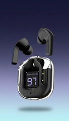 Black wireless earbuds with charging case on a white background online sale in Pakistan