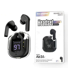 Black wireless earbuds with charging case and packaging on a white background online sale in Pakistan img06