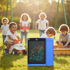 Children playing outdoors with a digital drawing tablet in the foreground