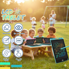 Children using LCD tablets outdoors with product features highlighted.