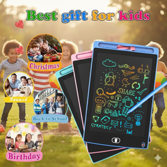 Colorful electronic doodle board with children playing in the background, labeled as a 'Best gift for kids'.