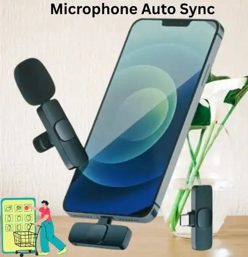 Phone with a microphone attachment on a stand, with text 'Microphone Auto Sync' above.