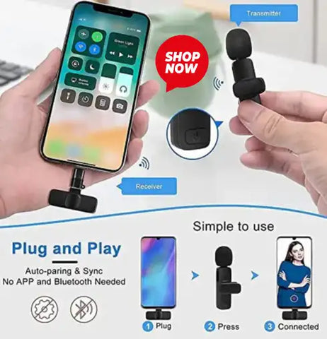 Hands holding smartphone with app interface, microphone transmitter, and receiver with 'Shop Now' button.