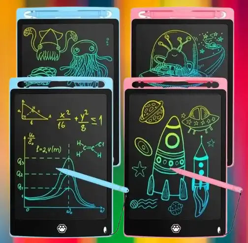 Four colorful electronic doodle boards with drawing on a multicolored background