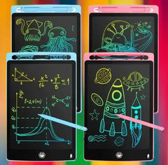 Four colorful electronic doodle boards with drawing on a multicolored background