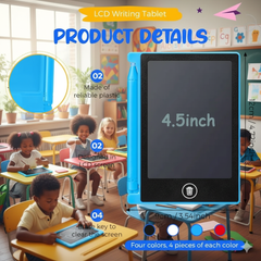 LCD writing tablet with product details in a classroom setting
