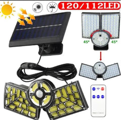 Solar light system with LED lights, solar panel, and remote control on a white background.