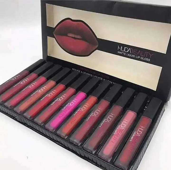 Set of Huda Beauty matte liquid lip glosses in a display case online sale in Pakistan