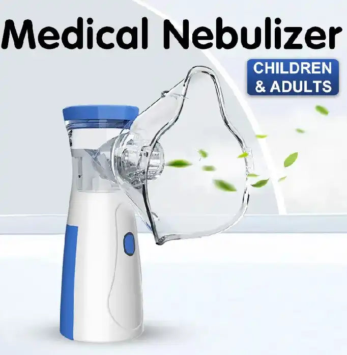 Medical Nebulizer for children and adults with a clear mask and blue accents on alight gray background. Online Sale In Pakistan