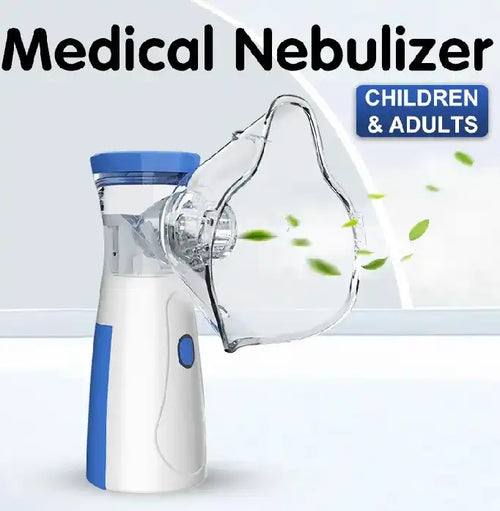 Medical Nebulizer for children and adults with a clear mask and blue accents on alight gray background. Online Sale In Pakistan