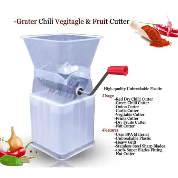 Grater chili vegetable and fruit cutter with text on its uses and features. Online Sale In Pakistan