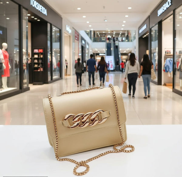 Beige handbag with gold chain detail on a white surface, with a mall interior in the background.