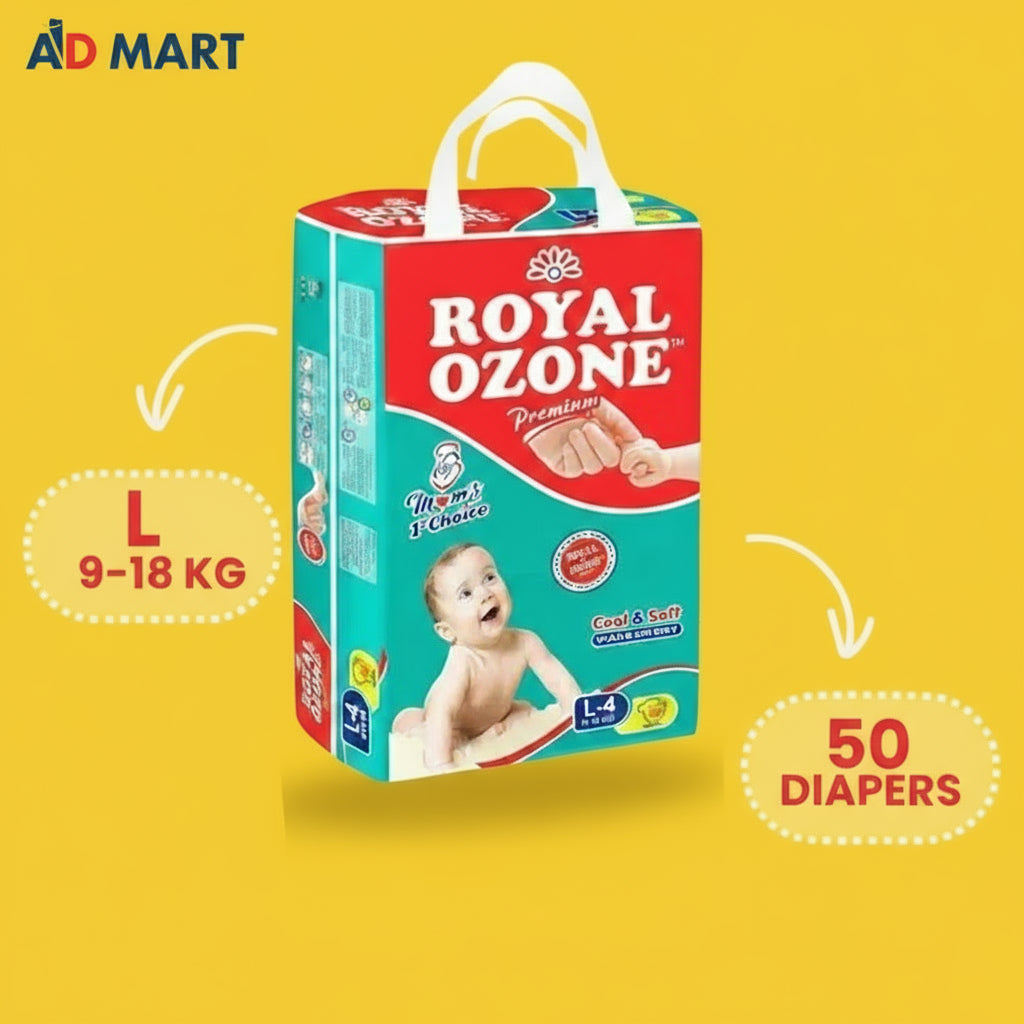 Royal Ozone diaper package on a yellow background with Ad Mart branding.