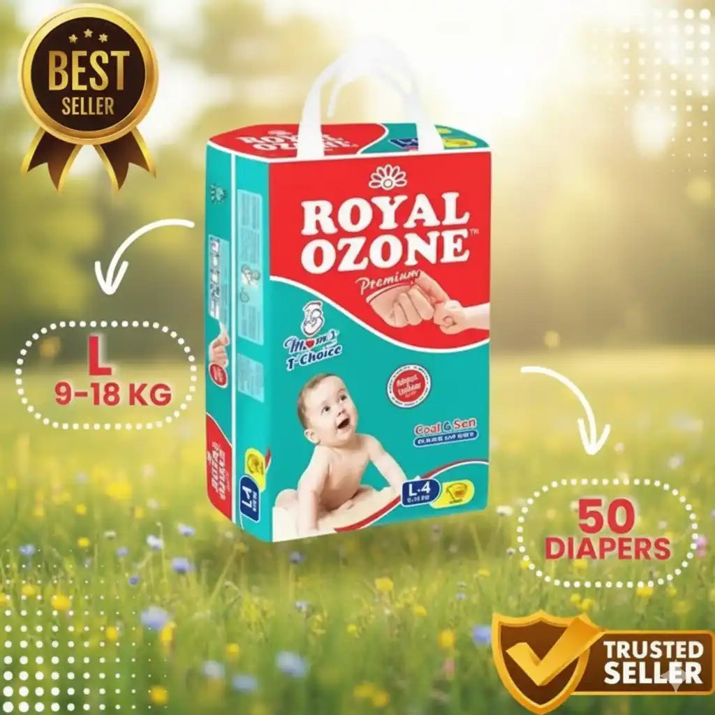 Royal Ozone diaper package with a child on a grassy background online sale in Pakistan