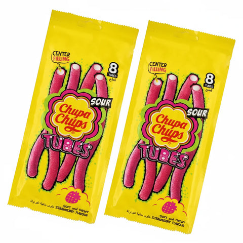 Two packages of Sour Chupa Chups Tubes on a white background