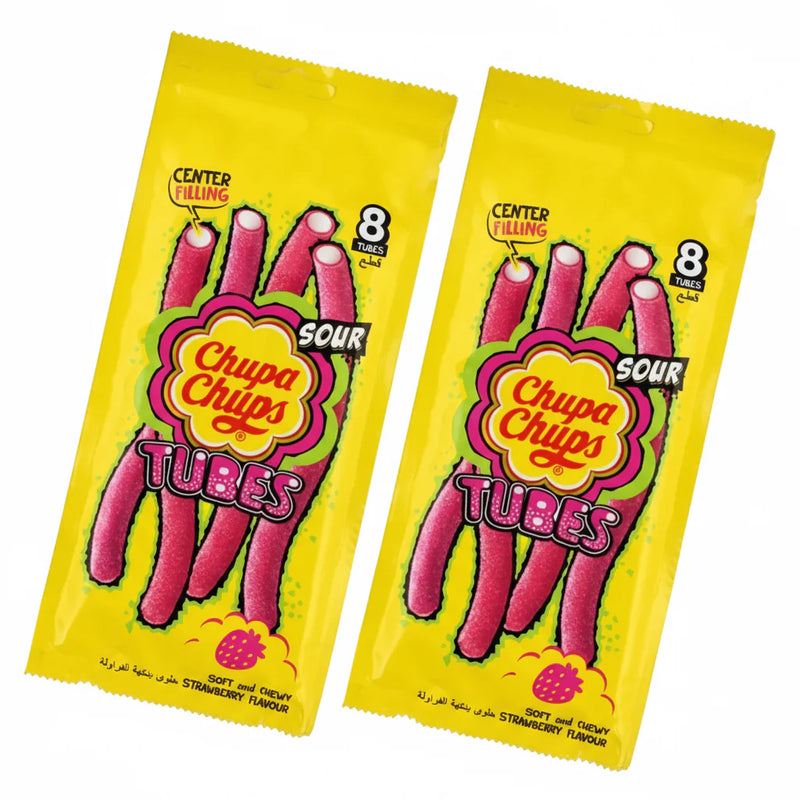 Two packages of Sour Chupa Chups Tubes on a white background