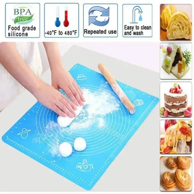 Baking mat with hands using it, surrounded by images of food and text about product features. Online Sale In Pakistan