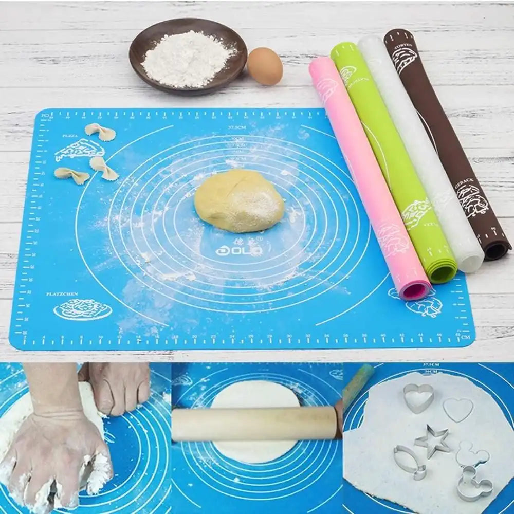 Baking tools including a blue mat, rolling pins, and cookie cutters on a wooden surface. Online Sale In Pakistan