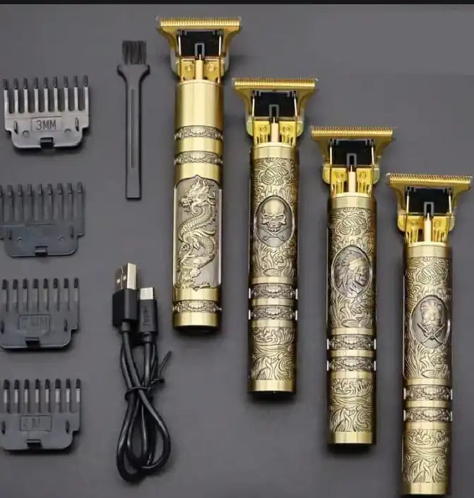 Set of gold and silver hair trimmers with attachments on a gray background. Online Sale In Pakistan