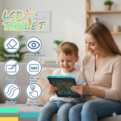 Woman and child using an LCD tablet with feature