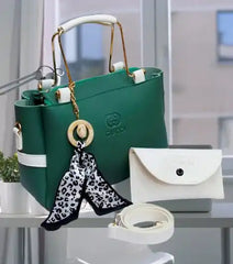 Girl's Rexine Plain Green Hand Bag Set