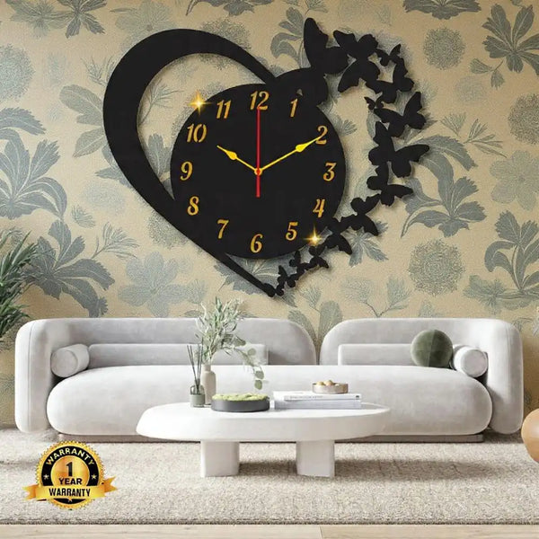 wall clock with butterfly design in a living room setting